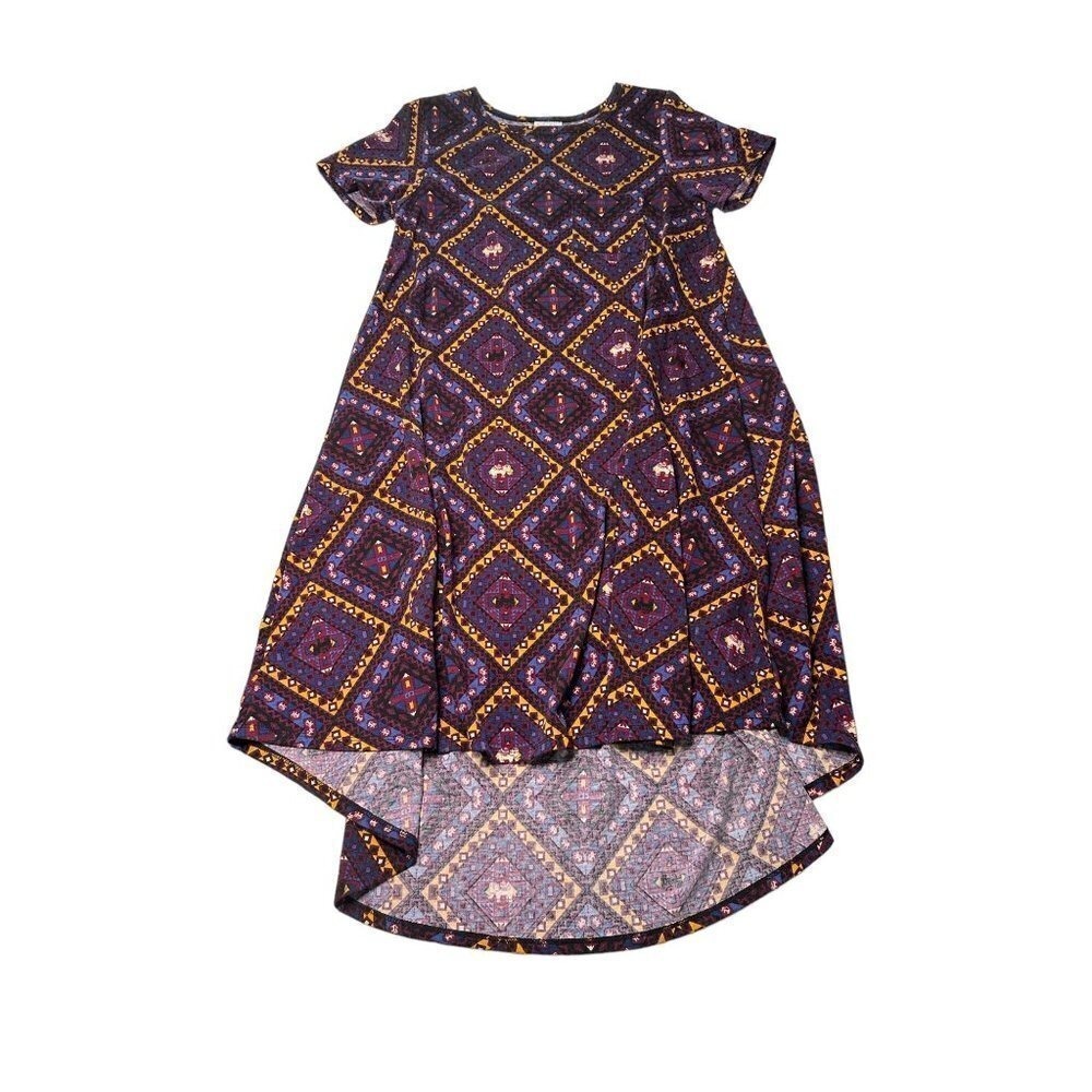LuLaRoe Carly Dress Womens Small Purple Geometric Elephant High Low‎ Swing Dress